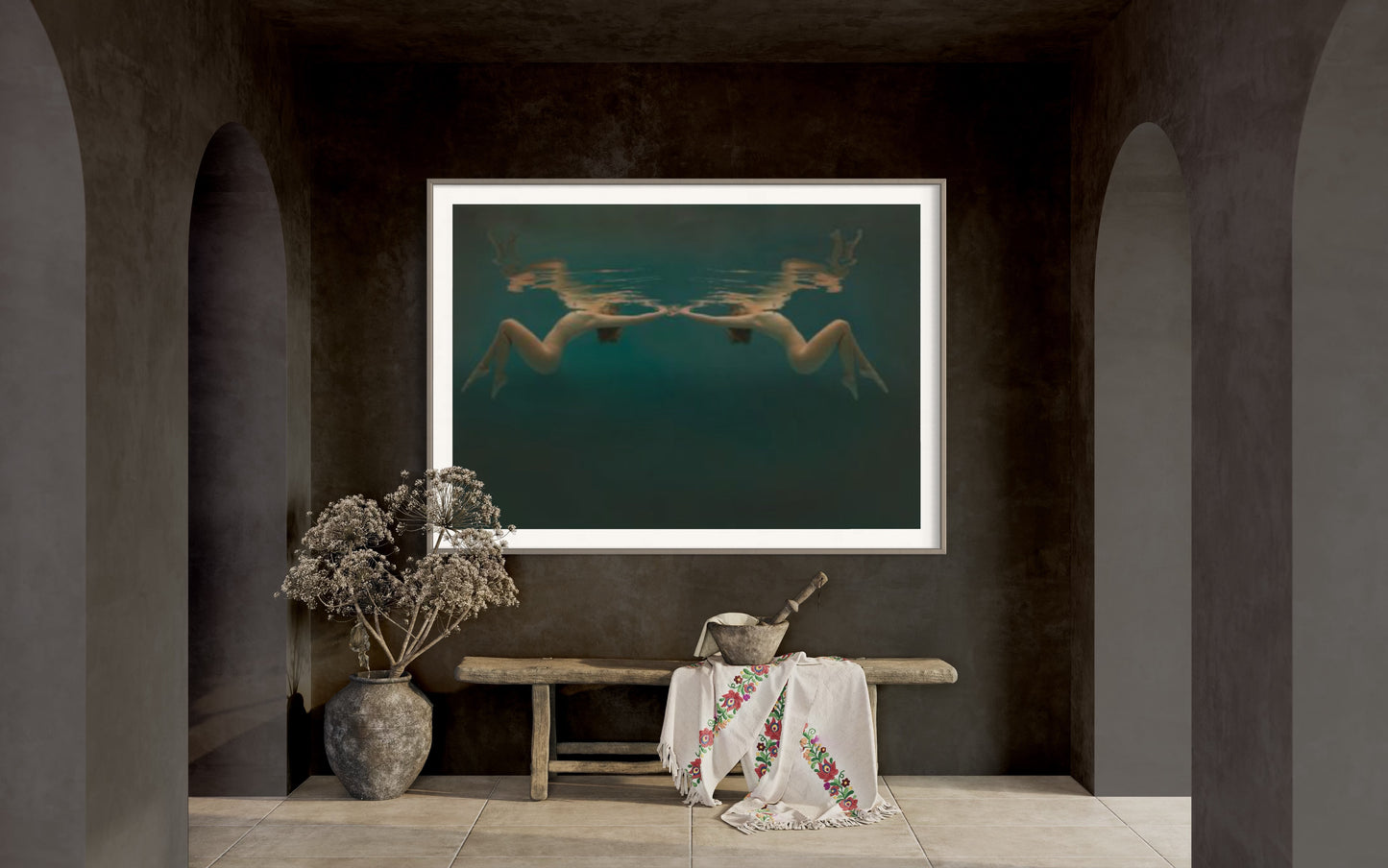 Belinay by Liesel.Art : A captivating fine art print featuring two beautiful women floating back to back in the water, representing a reflection. like moonlight on a pond