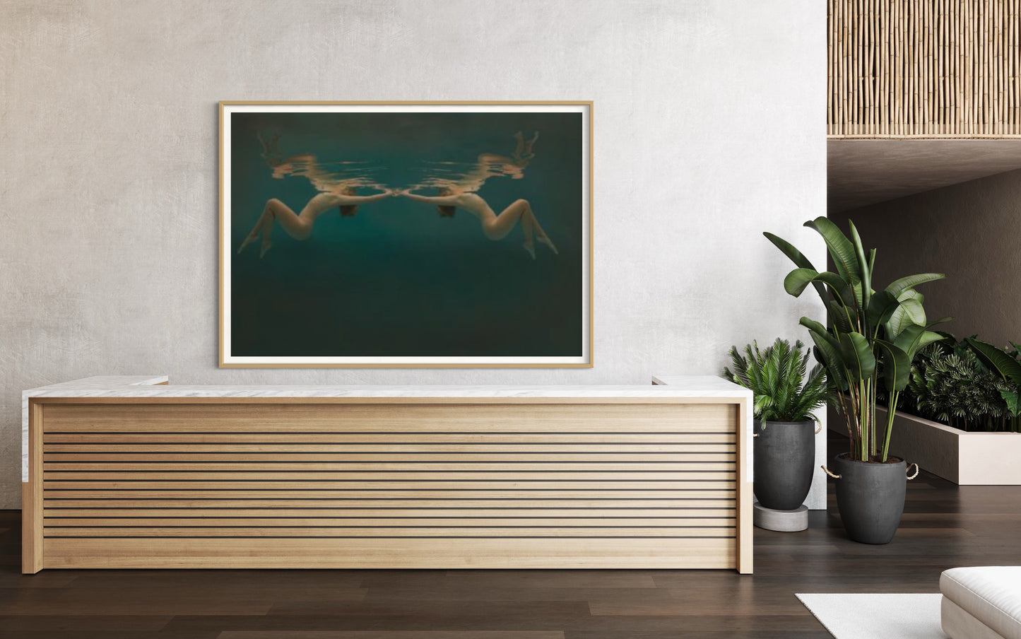Belinay by Liesel.Art featuring in a hotel lobby: A captivating fine art print featuring two beautiful women floating back to back in the water, representing a reflection. like moonlight on a pond