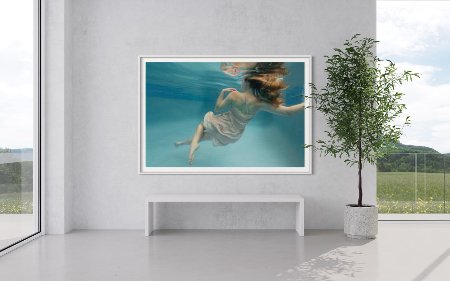 "Donatella fine art in a fashion house by Liesel.Art: A captivating image of a beautiful woman floating in water, adorned in a flowing silk dress, embodying elegance and tranquility in a stunning artistic composition.