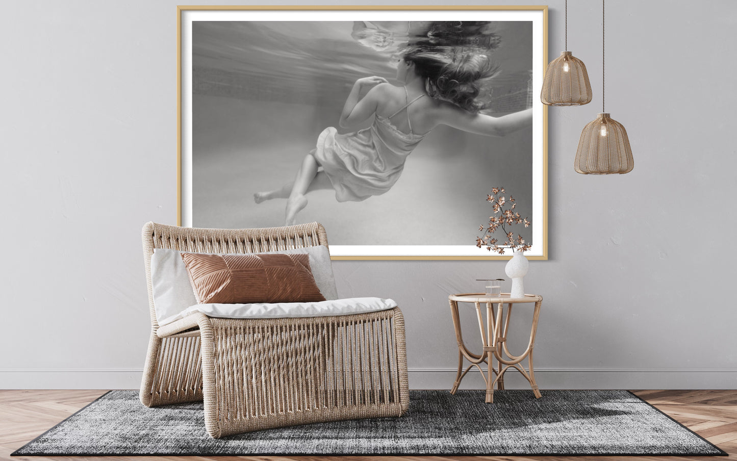 "Donatella fine art in a fashion house by Liesel.Art: A captivating image of a beautiful woman floating in water, adorned in a flowing silk dress, embodying elegance and tranquility in a stunning artistic composition.