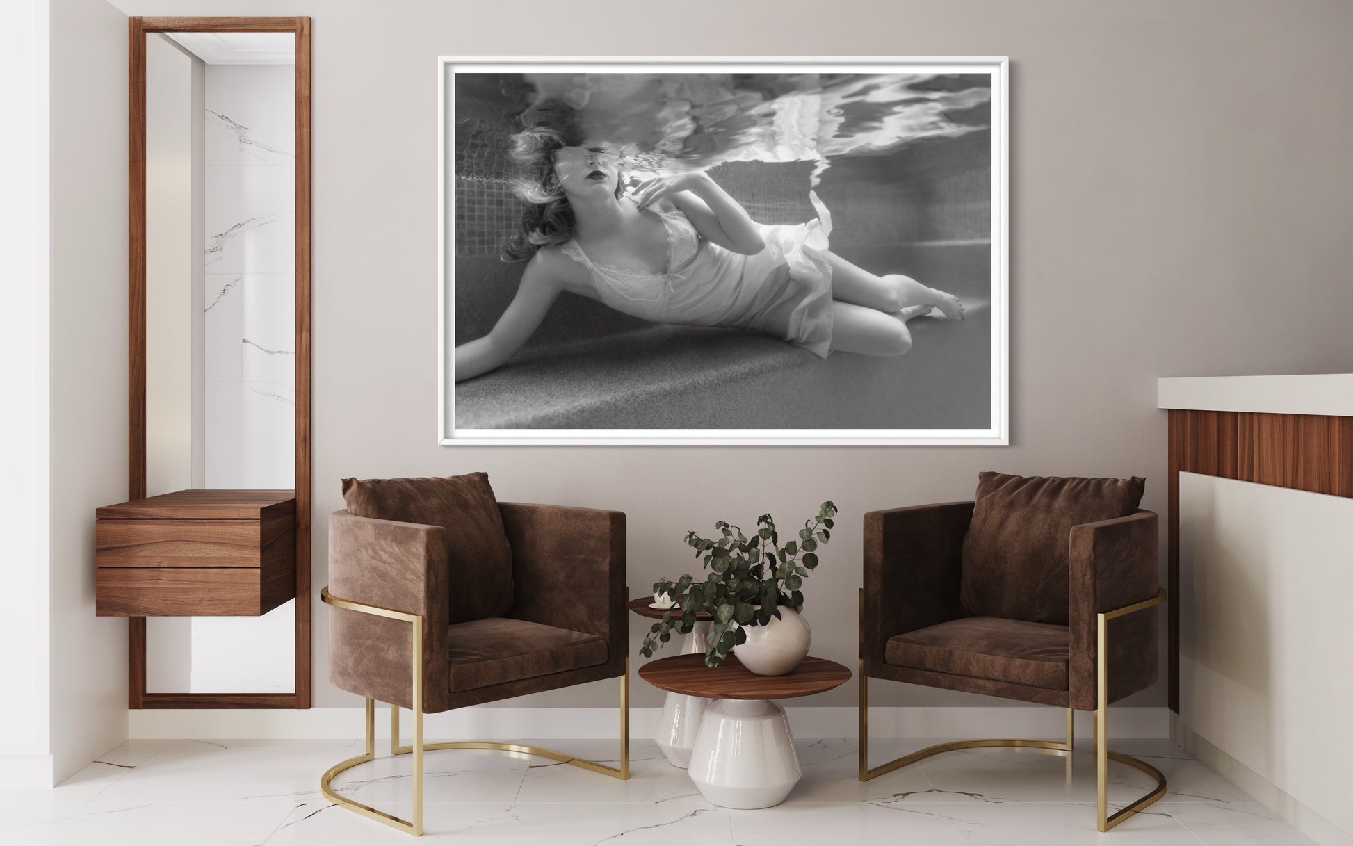 Gloria, by Liesel.Art: A captivating image of a beautiful woman floating in water, adorned in a flowing silk dress, embodying elegance and tranquility in a stunning artistic composition."