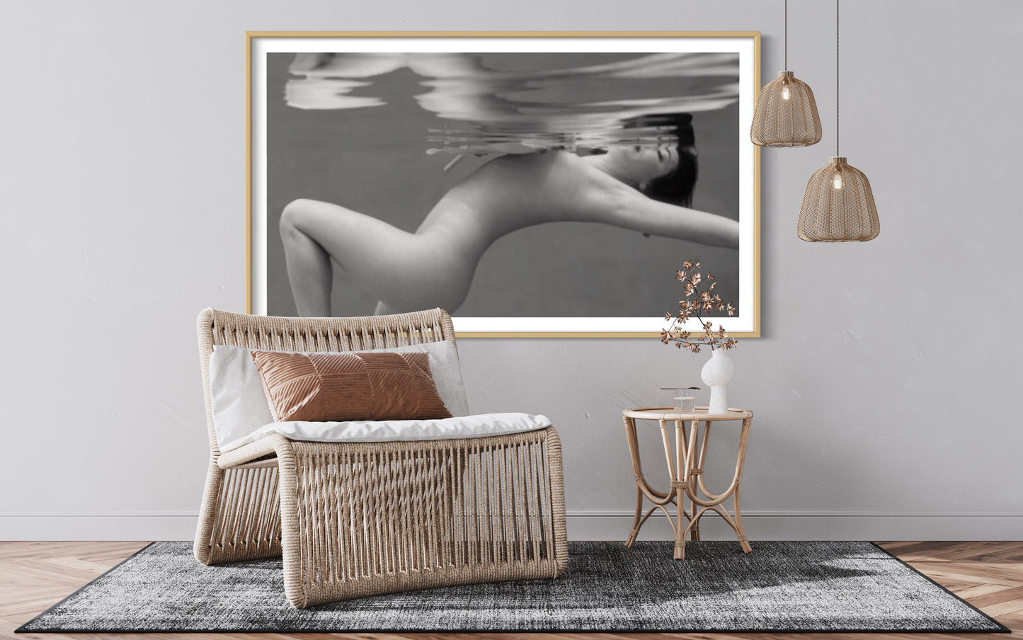 Indiana by Liesel.Art: A serene image of a beautiful girl floating in water, gracefully holding a palm leaf, creating a tranquil and enchanting scene."