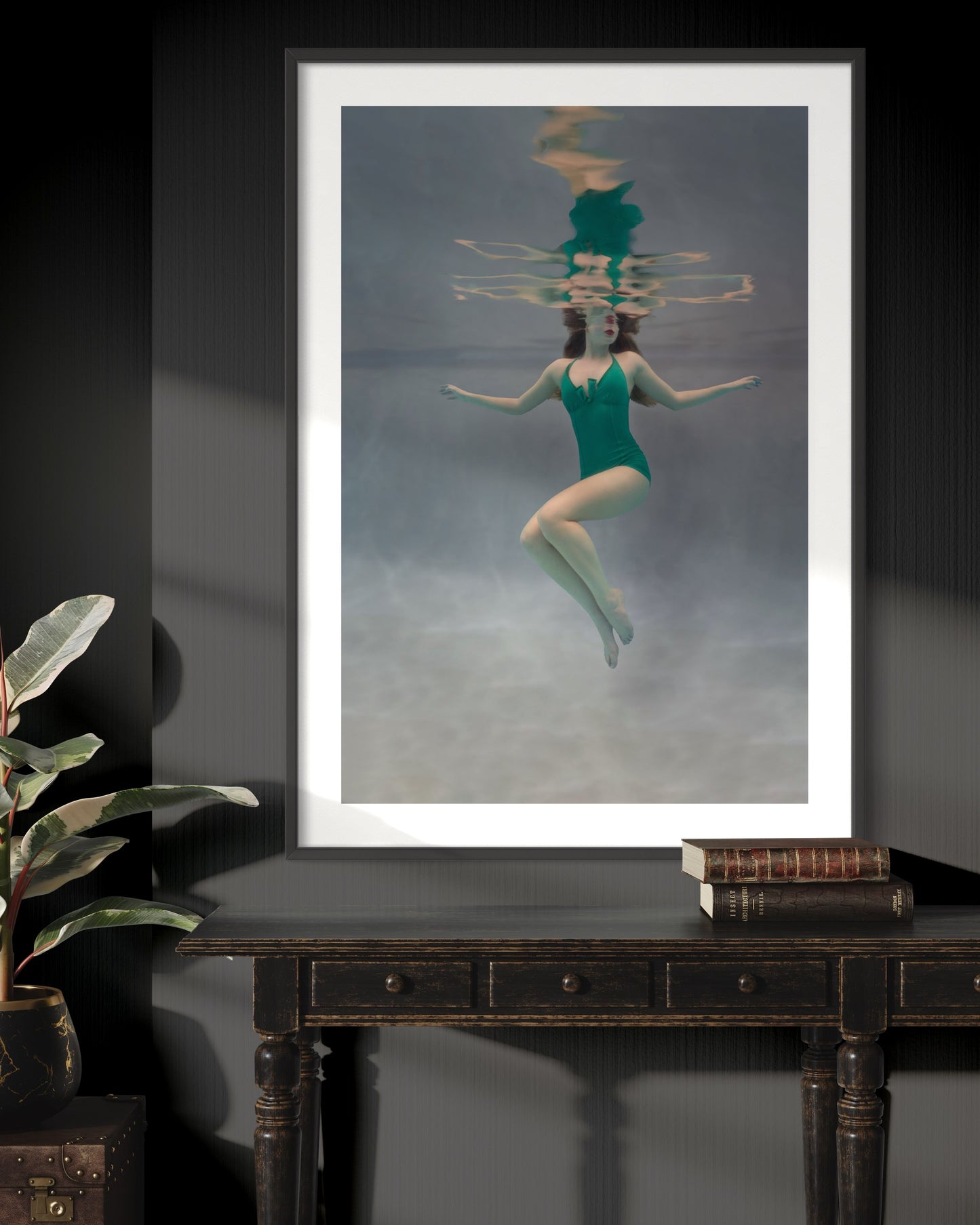 "Norma, the enchanting beauty, gracefully floating in emerald waters wearing a mesmerising green costume - a captivating artwork by Liesel.Art."
