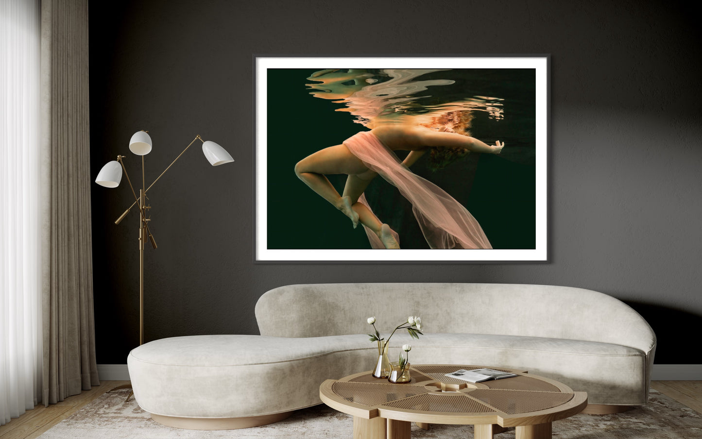 TOULA, the enchanting beauty, gracefully floating in the mysterious waters, draped with only a peach chiffon by Liesel.art