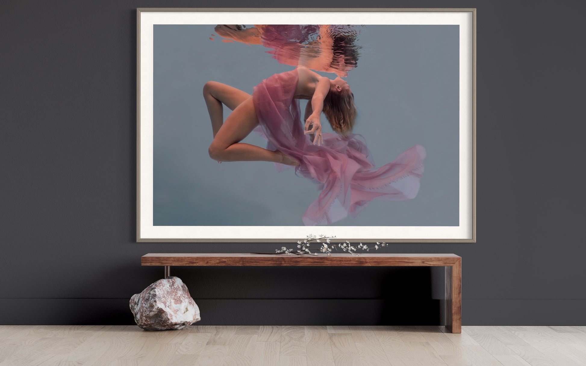 Athena by Liesel.Art: A captivating fine art print featuring a beautiful woman dancing on the surface of the water and her reflection looking back at her