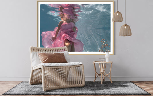 "Antoinette, the enchanting beauty, gracefully floating in emerald waters wearing a mesmerising pink satin fabric - a captivating artwork by Liesel.Art."