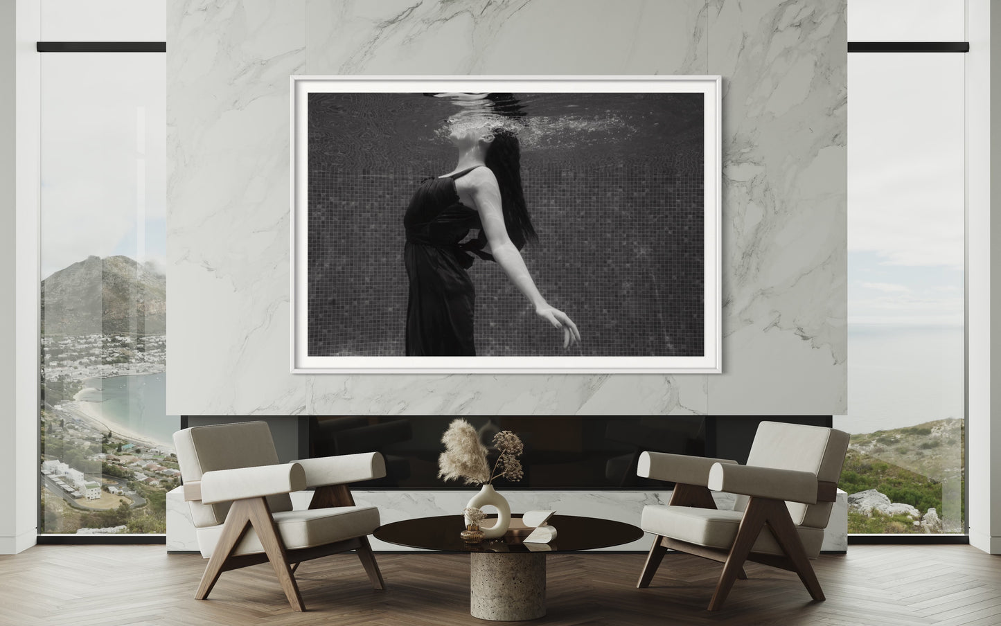 Beatrice by Liesel.Art featuring in a hotel :A captivating fine art print featuring a beautiful woman swimming in the pool and reaching the surface