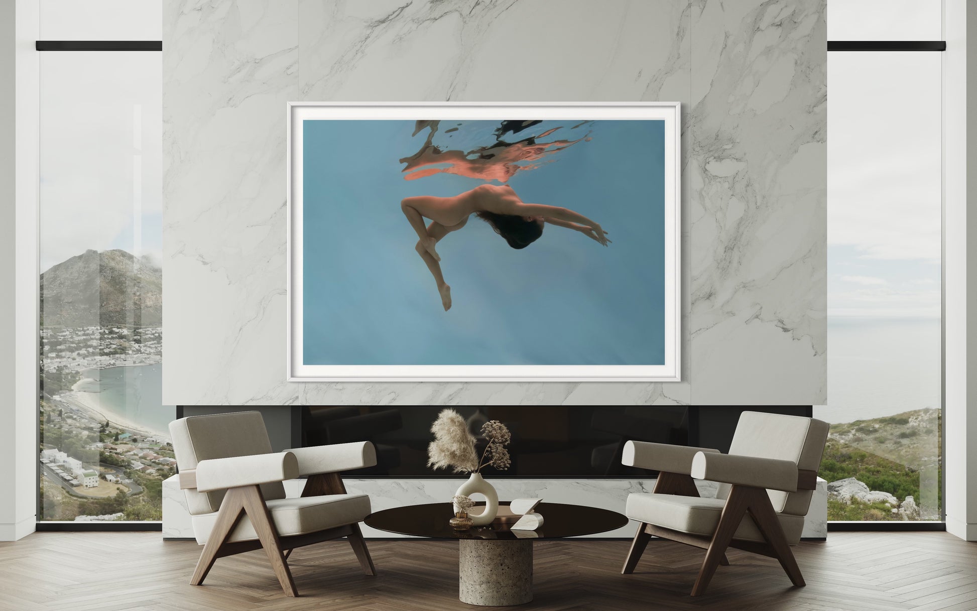 Belinay by Liesel.Art featuring in a hotel lobby: A captivating fine art print featuring two beautiful women floating back to back in the water, representing a reflection. like moonlight on a pond
