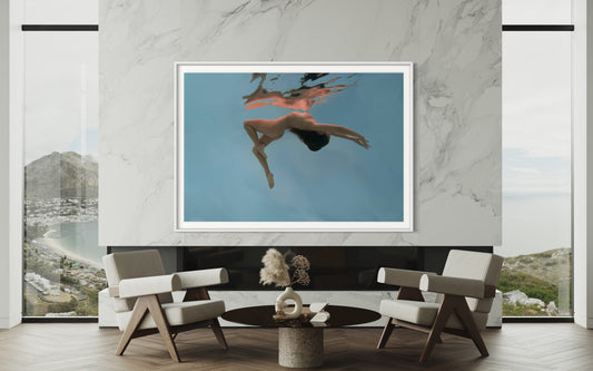Belinay by Liesel.Art featuring in a hotel lobby: A captivating fine art print featuring two beautiful women floating back to back in the water, representing a reflection. like moonlight on a pond