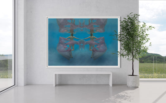 Christine by Liesel.Art: A captivating fine art print featuring two beautiful girls floating in water, gazing at each other, their reflections shimmering in stunning pink chiffon.