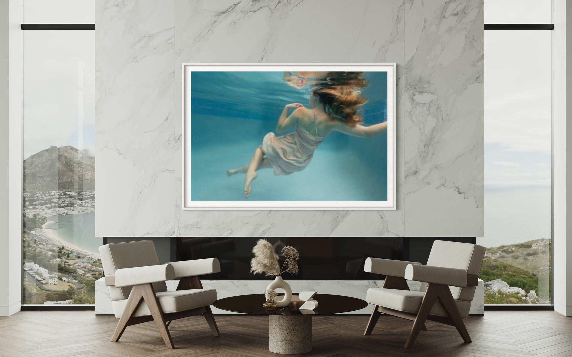  "Donatella fine art in a fashion house by Liesel.Art: A captivating image of a beautiful woman floating in water, adorned in a flowing silk dress, embodying elegance and tranquility in a stunning artistic composition.
