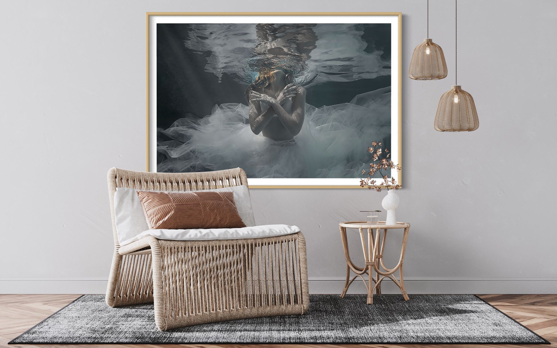 "Isabella by Liesel.Art: A breathtaking image of a beautiful ballerina floating in the water, adorned in a delicate white tutu, capturing the grace and elegance of dance in a serene aquatic setting."