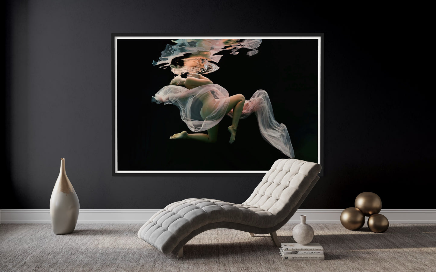 Letja, the enchanting beauty, gracefully floating in the mysterious waters, draped with only a peach chiffon by Liesel.art