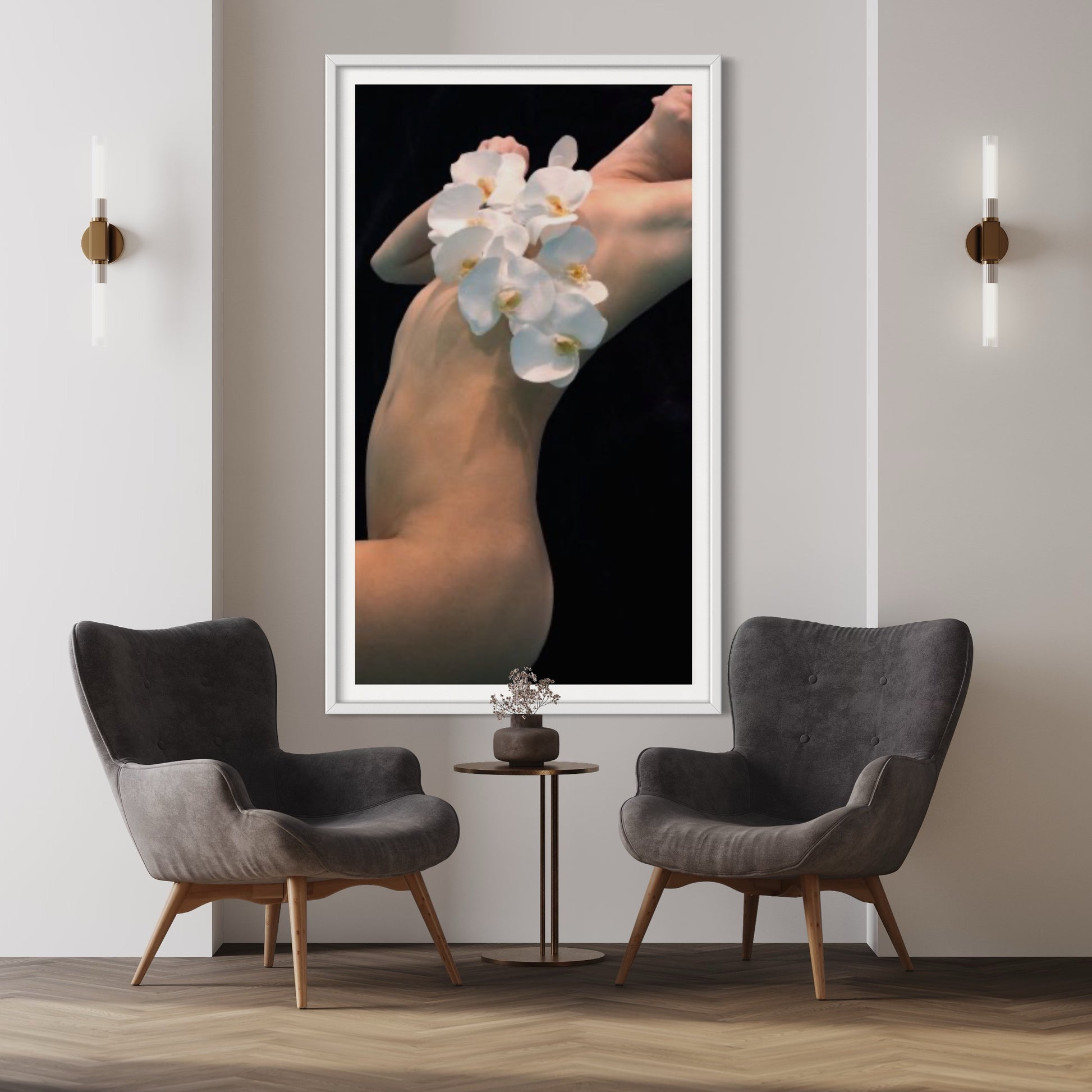 Orchid by Liesel.Art: A serene image of a beautiful girl floating in water, gracefully holding a white orchid, creating a tranquil and enchanting scene."