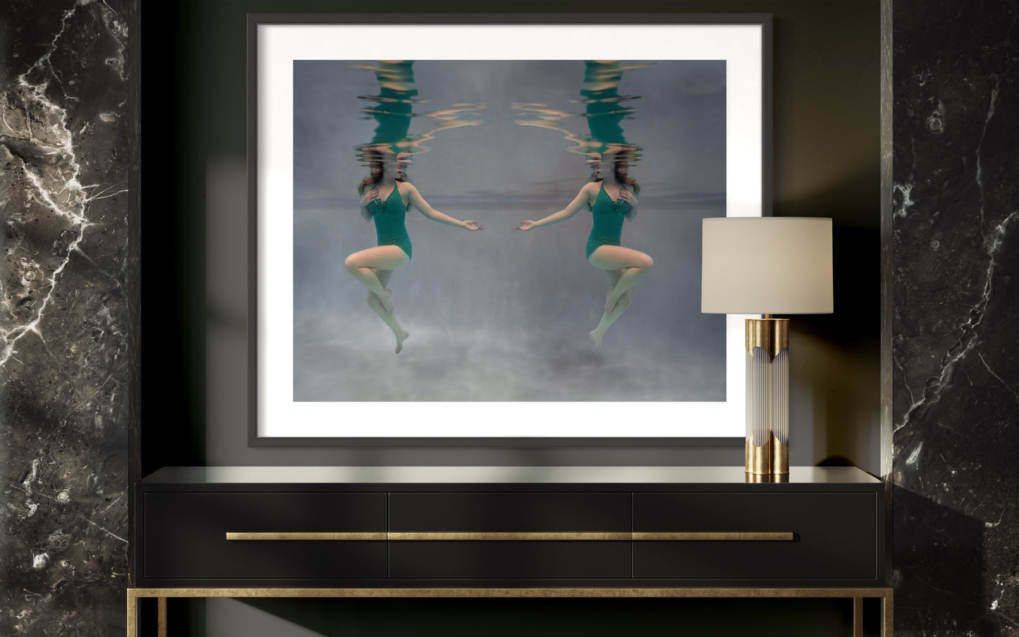 Shirley by Liesel.Art: A captivating fine art print featuring two beautiful girls floating in water, gazing at each other, their reflections shimmering in stunning green costumes."